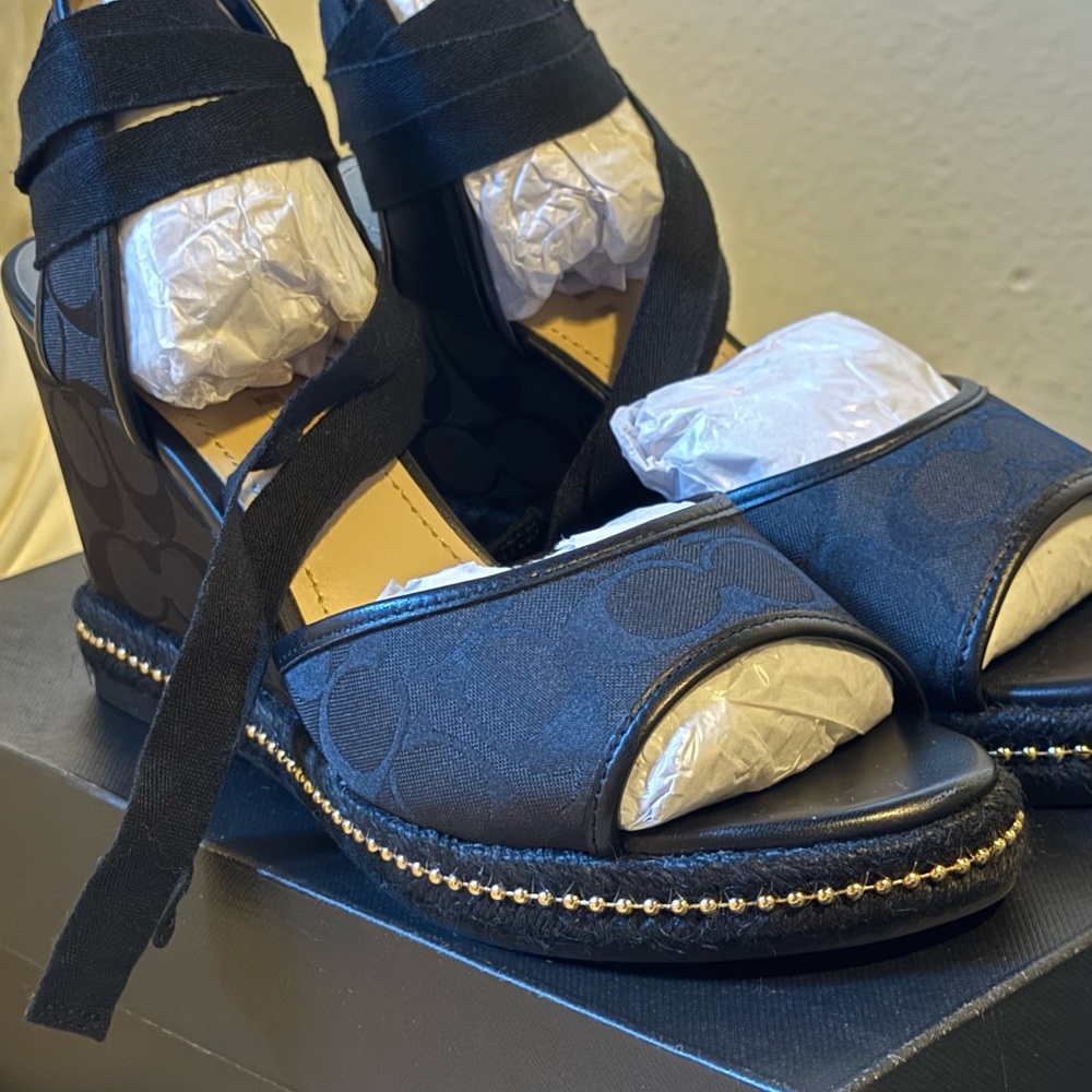 Coach Black Peep-Toe Wedge Heels